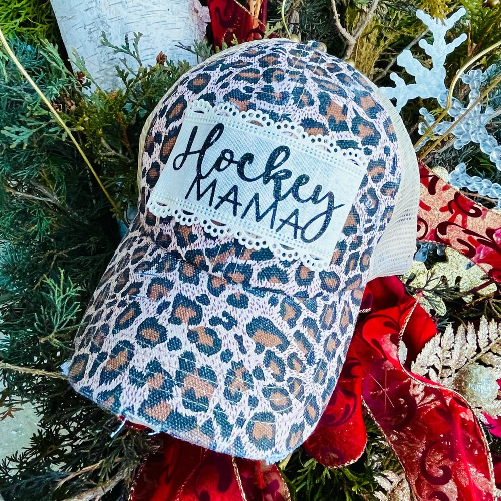 Leopard hat with any custom mom. Mama. Sports. Cris cross back.